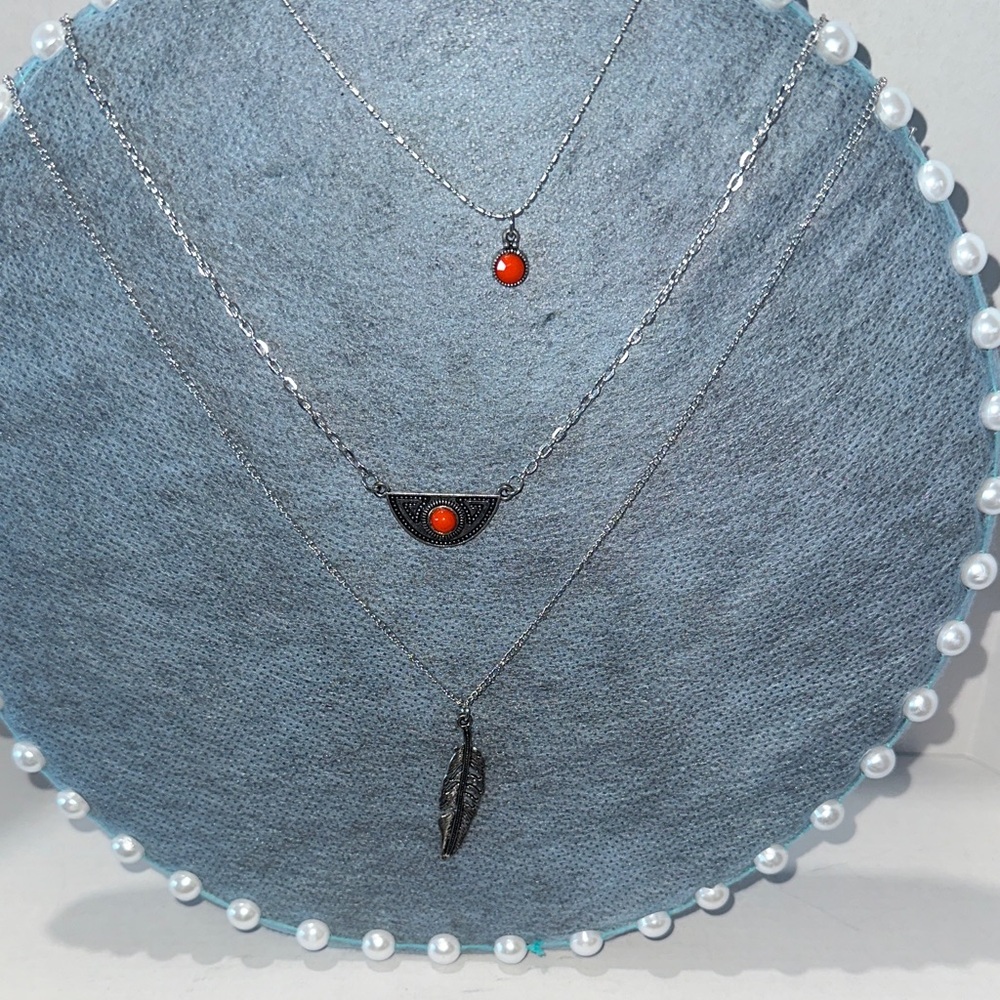 Layered Silver-Tone Necklace Set with Red Accent